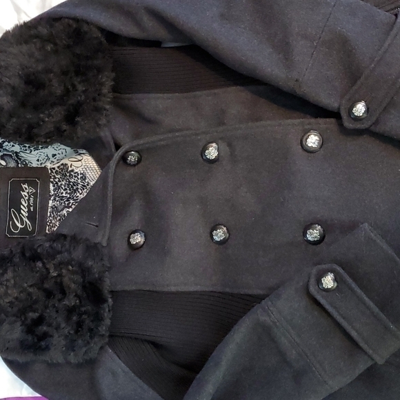 GUESS - Women's Wool Double breasted winter coat faux fur WARM Neutral Mod Sz. L - Picture 2 of 9